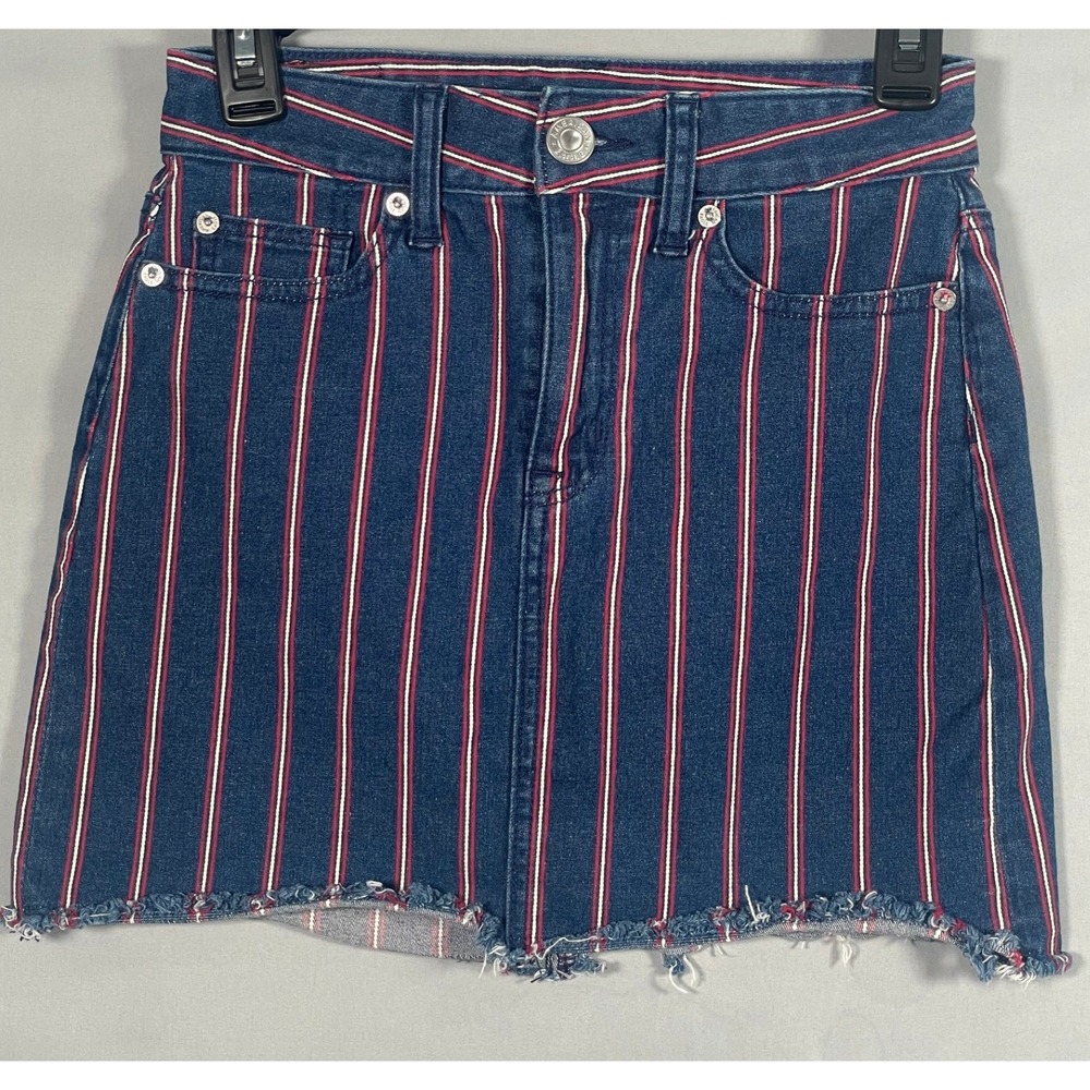 American‎ Eagle Hi-Rise Mini Denim Skirt Blue Red White Striped Raw Hem 00 Reg